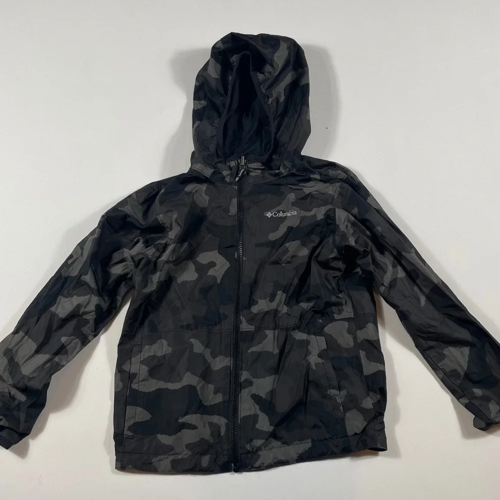Columbia Windbreaker Jacket Youth Large Camo Full Zip Hooded Gray Black